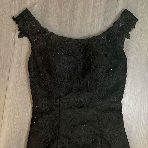 Mon Cheri Black Sparkle Evening Gown Prom Dress Mermaid Skirt with Train Size 4 - Picture 2 of 16